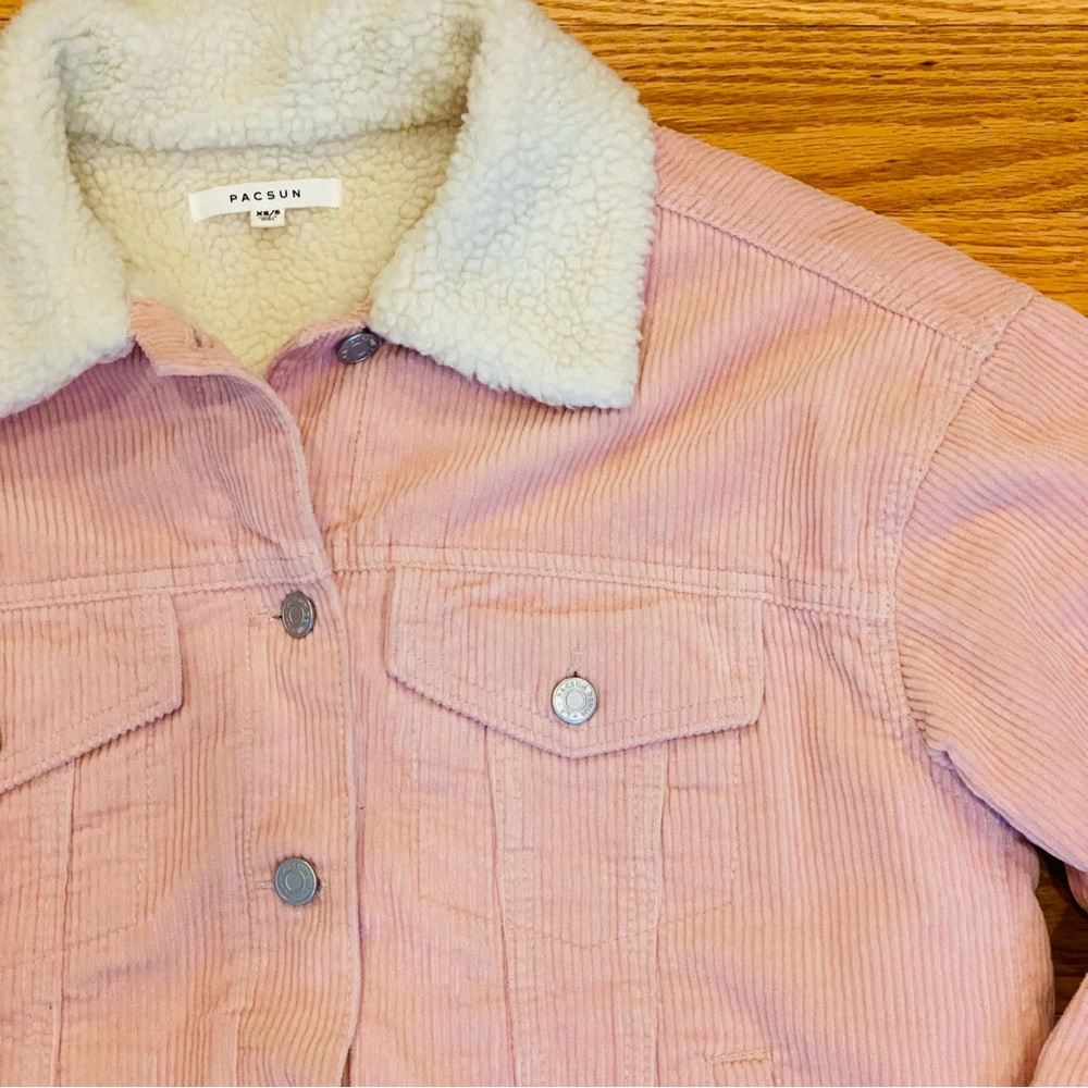 PacSun Pink Corduroy Sherpa Lined Trucker Jacket Faux Fur Oversized XS S - Picture 4 of 8